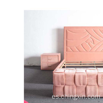 Cama de tela tapizada de terciopelo rosa conjuntos de dormitorio al por mayor